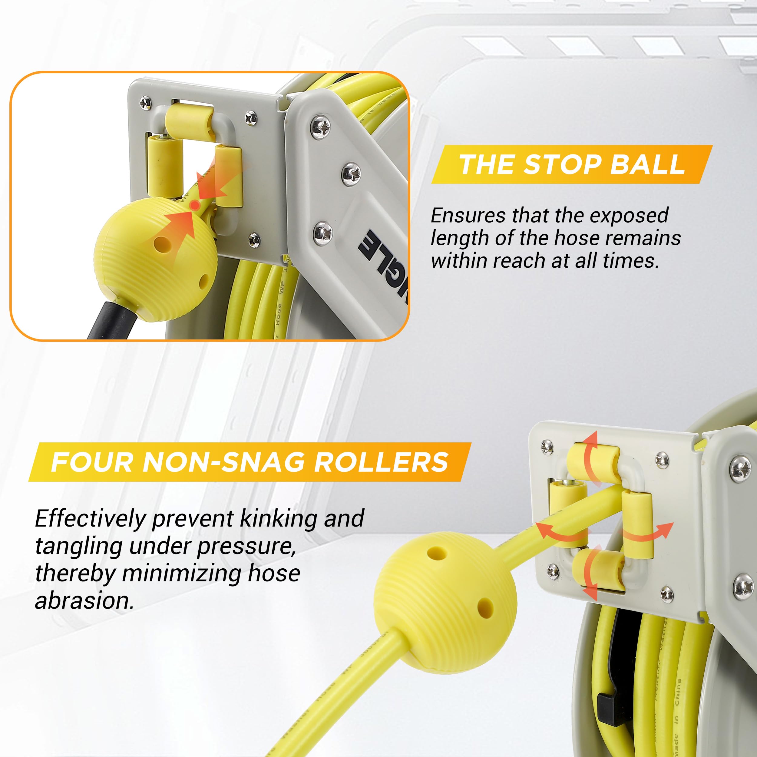 M MINGLE anti-tangle rollers protect the hose from wear.