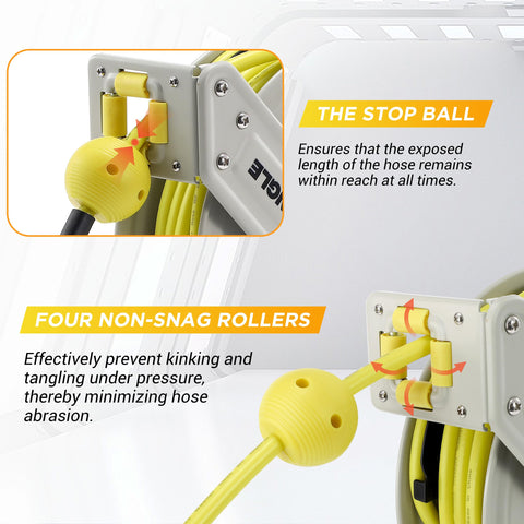M MINGLE anti-tangle rollers protect the hose from wear.