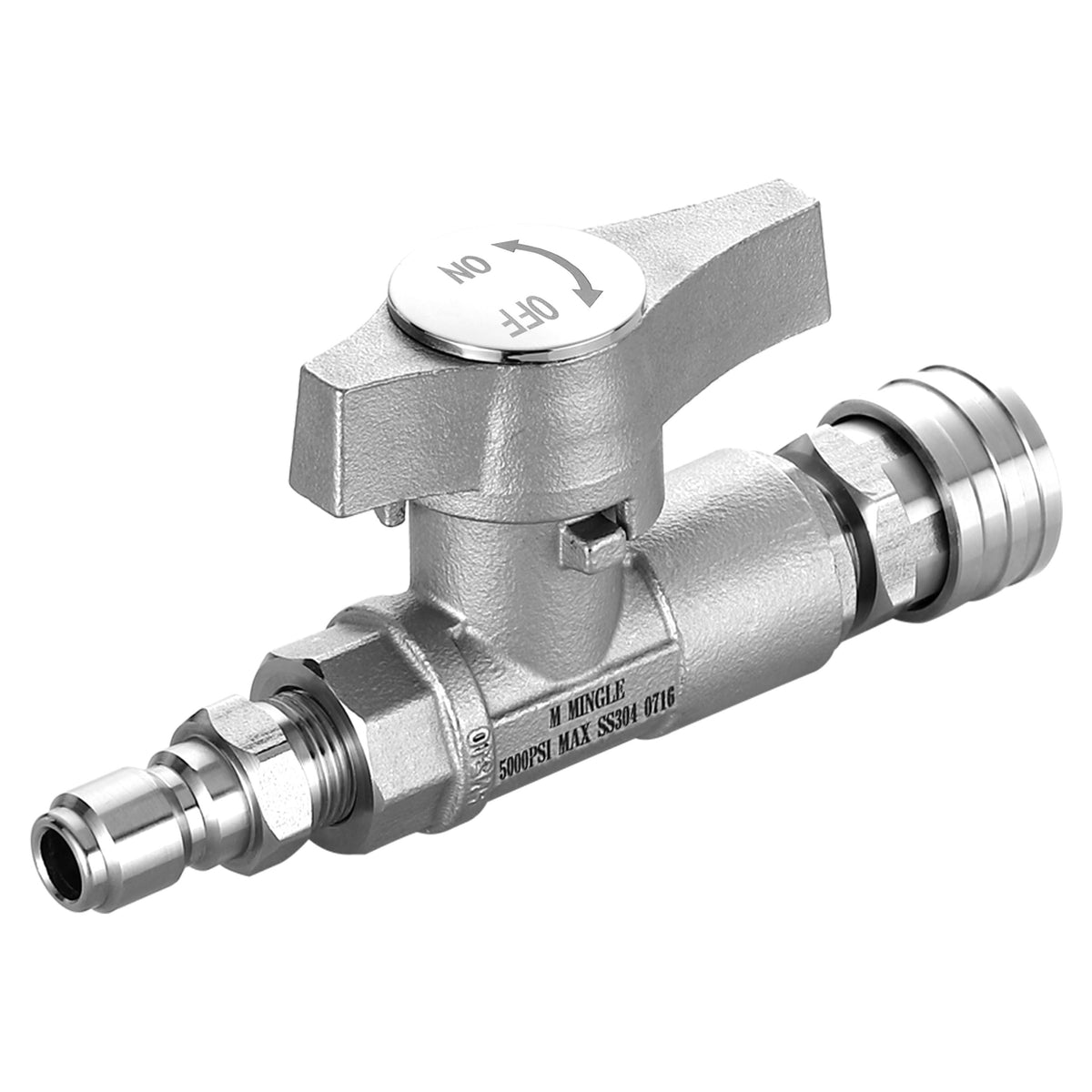 M MINGLE ball valve side view shows 5000 PSI capacity for heavy-duty cleaning.