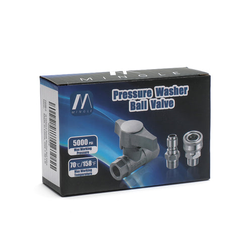 M MINGLE hose-connection angle shows universal compatibility with pressure-washer hoses.