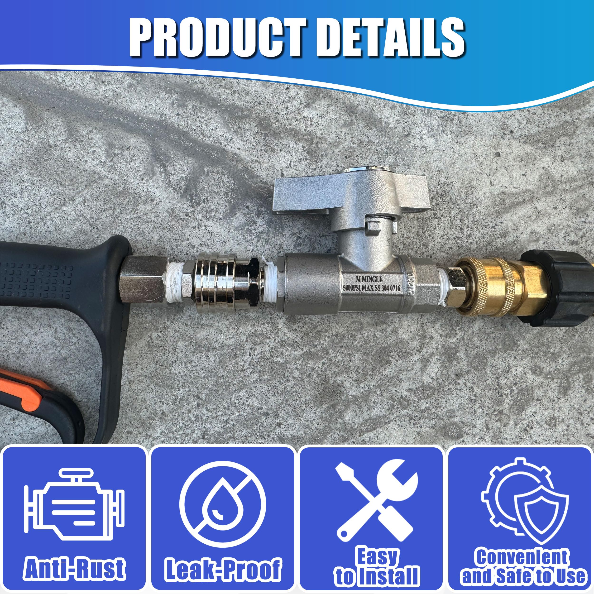 M MINGLE stainless-steel valve closeup demonstrates corrosion resistance and durability.