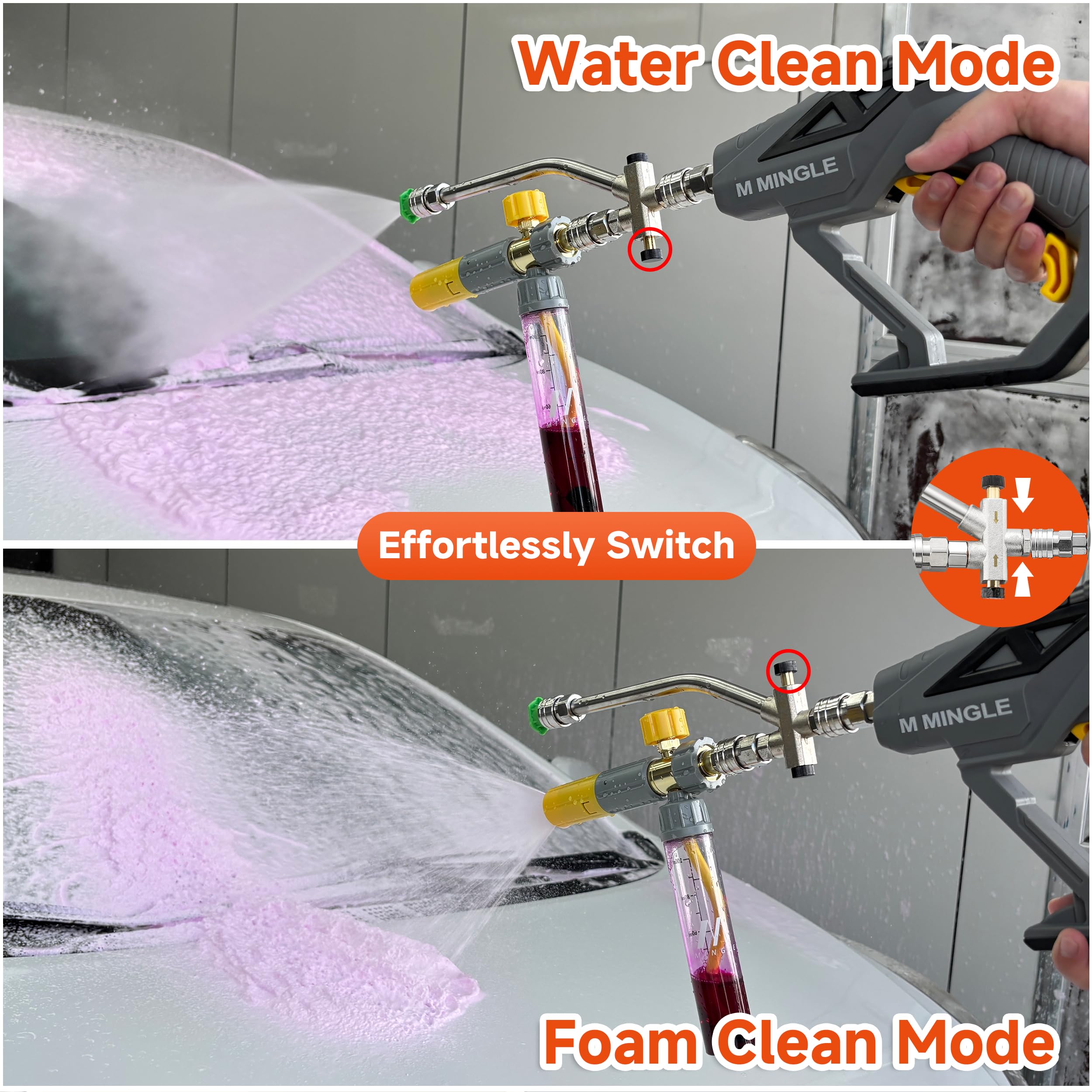 M MINGLE dual connector enables seamless foam and water switching.