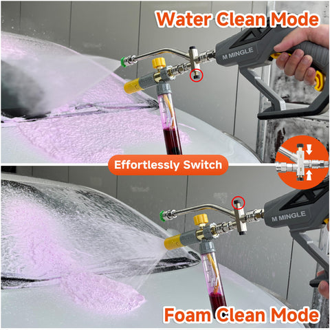 M MINGLE dual connector enables seamless foam and water switching.