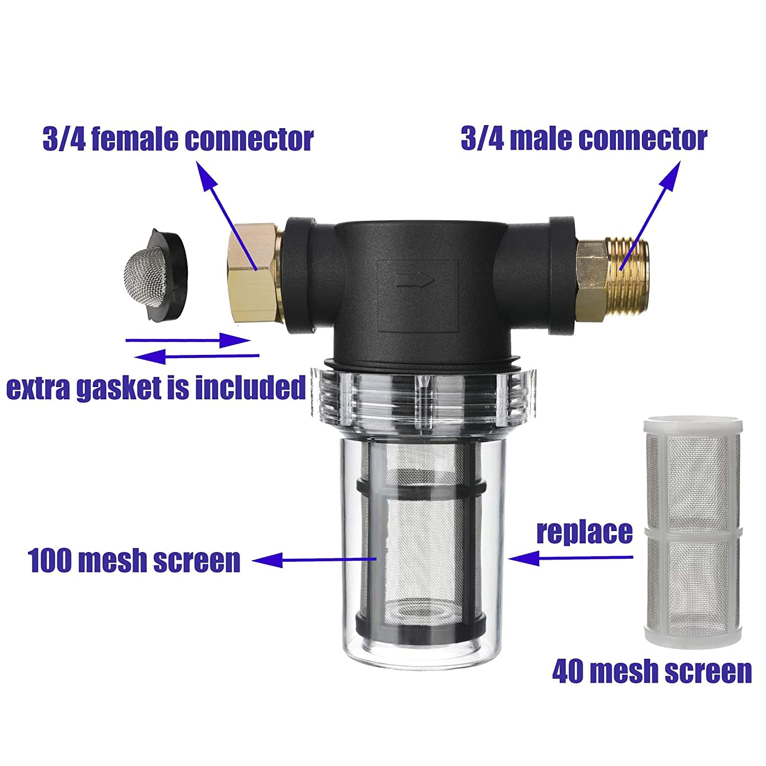 M MINGLE inline filter with 100-mesh screen guards against fine particles during cleaning tasks.