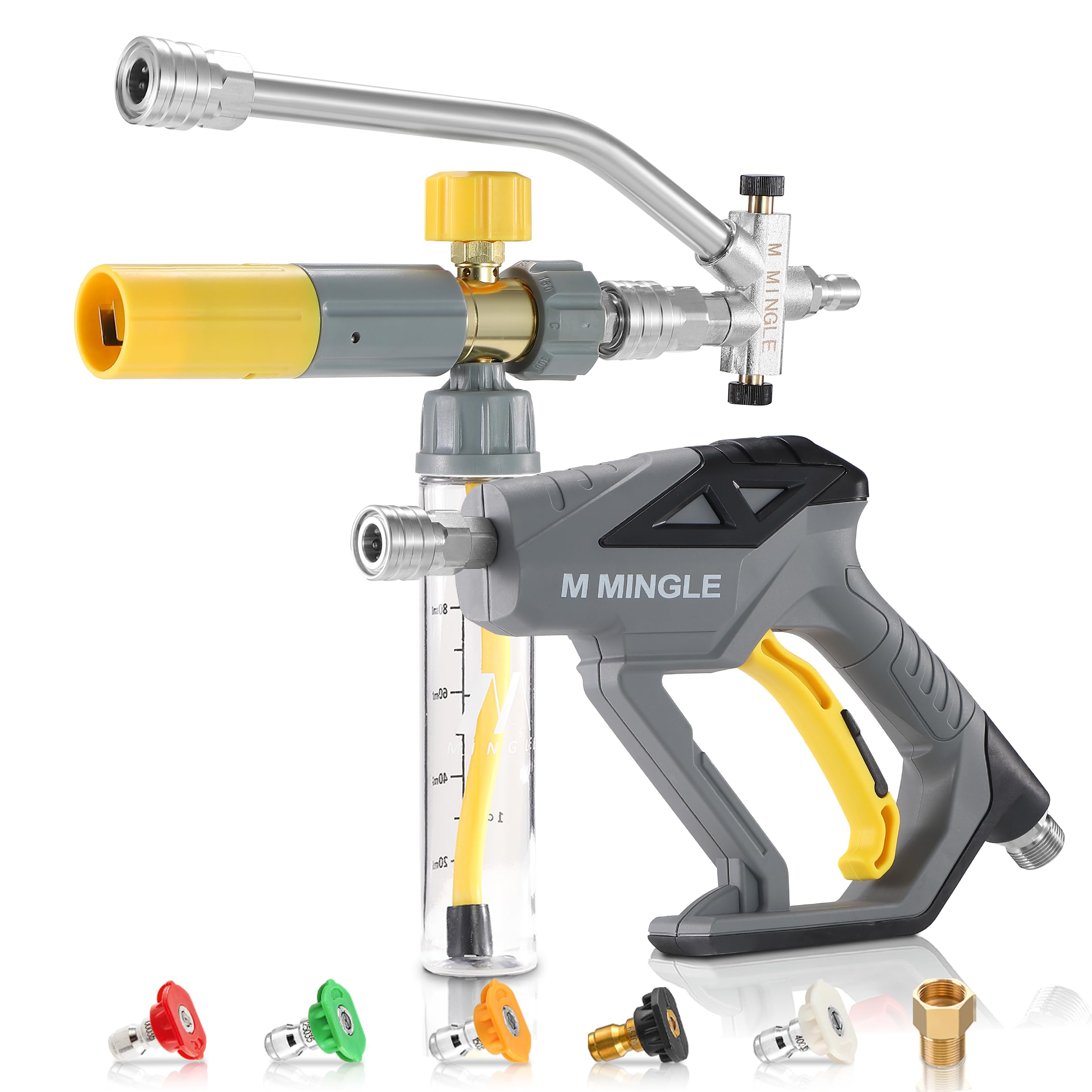 M MINGLE pressure washer gun for effortless car cleaning with integrated foam capability.