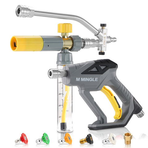 M MINGLE pressure washer gun for effortless car cleaning with integrated foam capability.