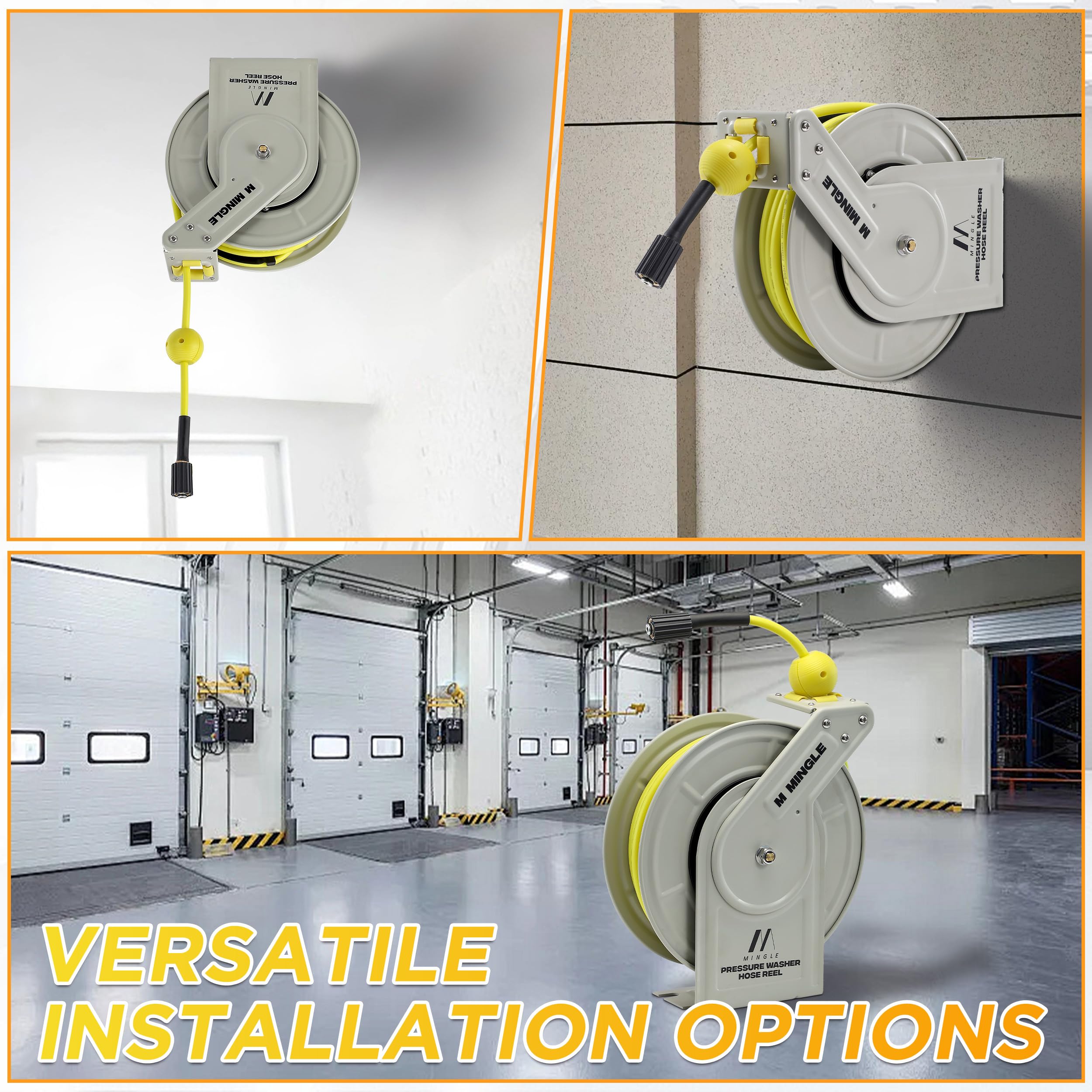 M MINGLE wall-mounted hose reel keeps your workspace organized.