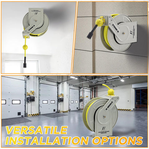 M MINGLE wall-mounted hose reel keeps your workspace organized.