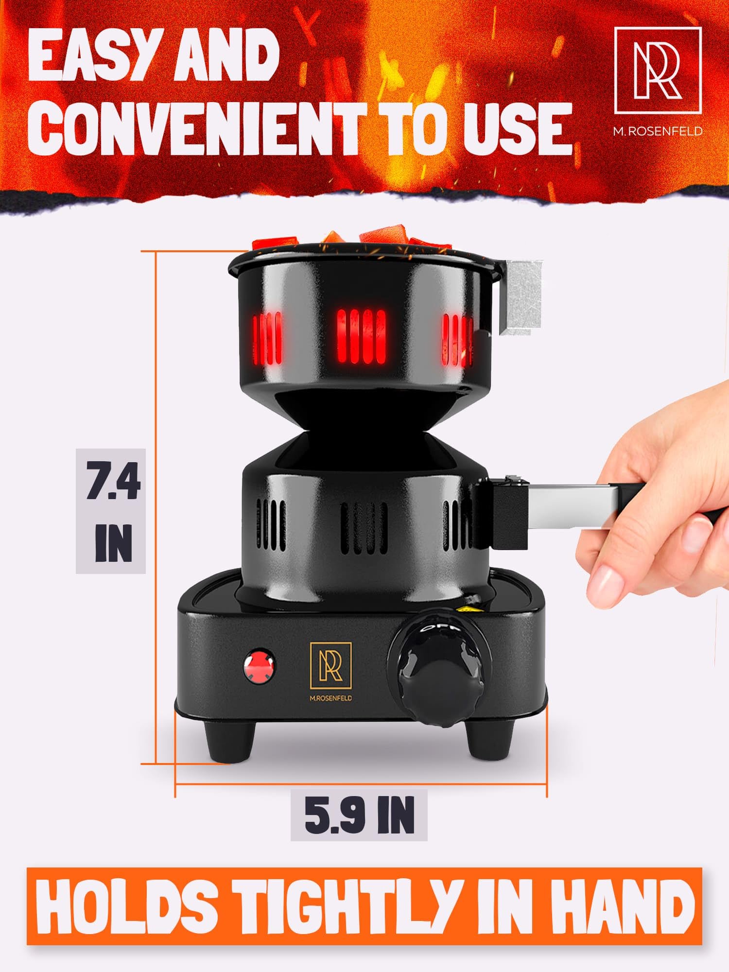 M. ROSENFELD charcoal burner with 60 inch cable enables flexible placement.