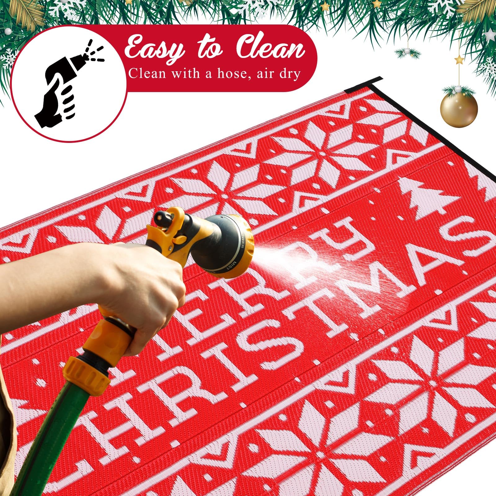 Maasechs rug includes ground nails and storage bag for secure outdoor placement.