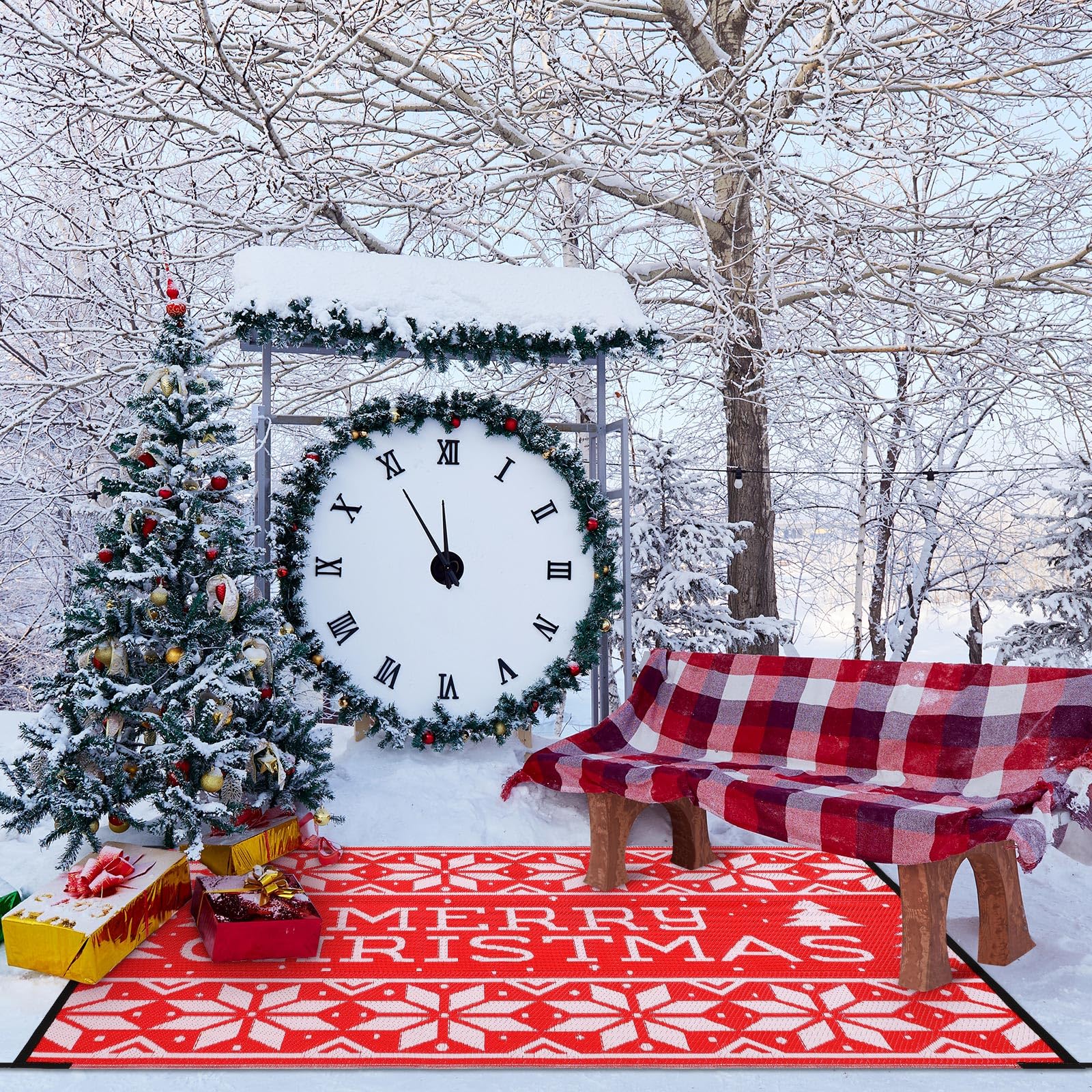 Maasechs red-and-white Christmas rug for festive patio decor and easy cleanup.