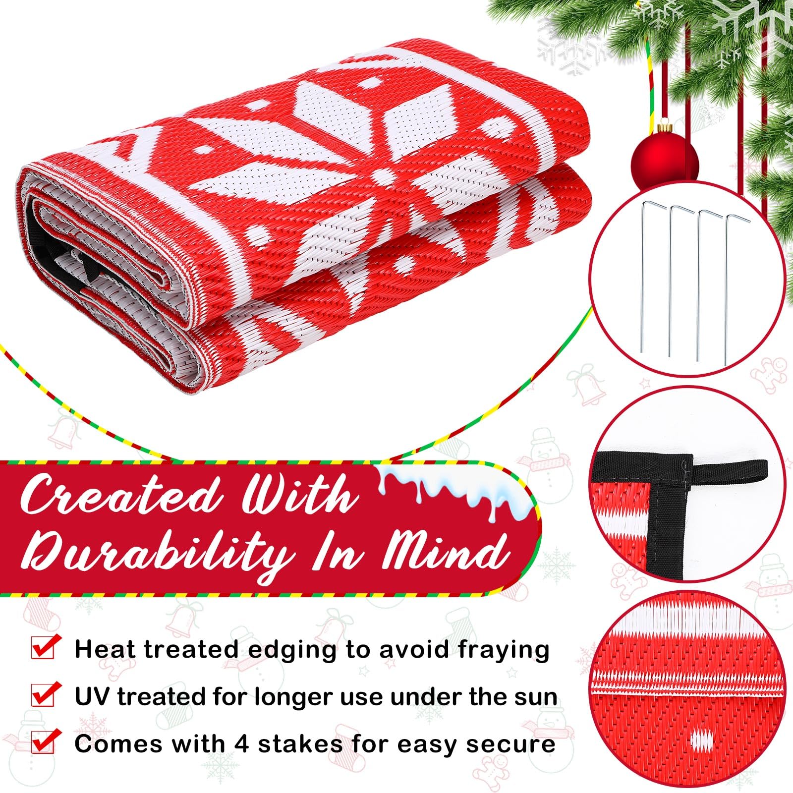 Maasechs UV-resistant Christmas rug preserves color in sunlit spaces.