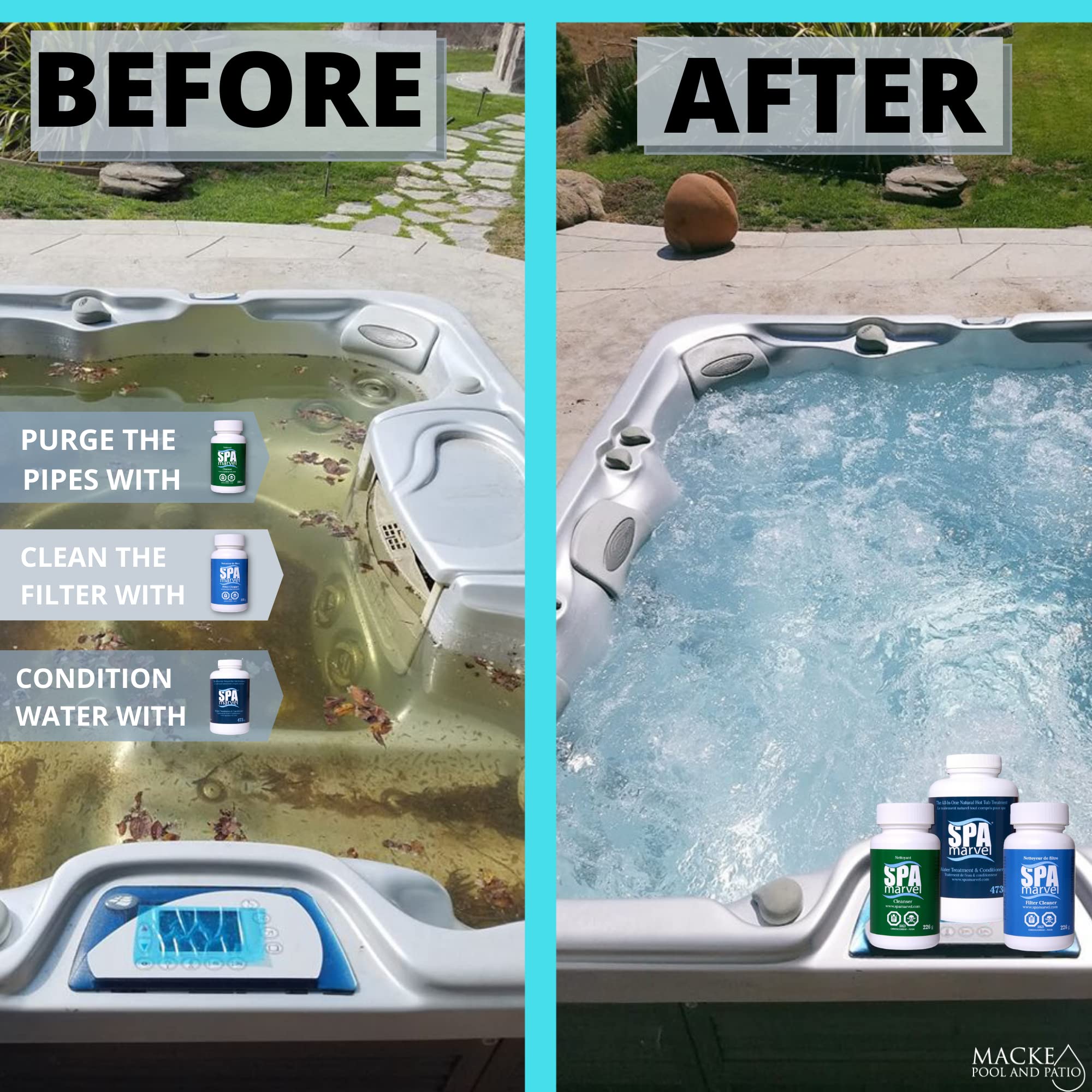 Macke Spa Marvel bottle application: long-lasting treatment for hot tubs.