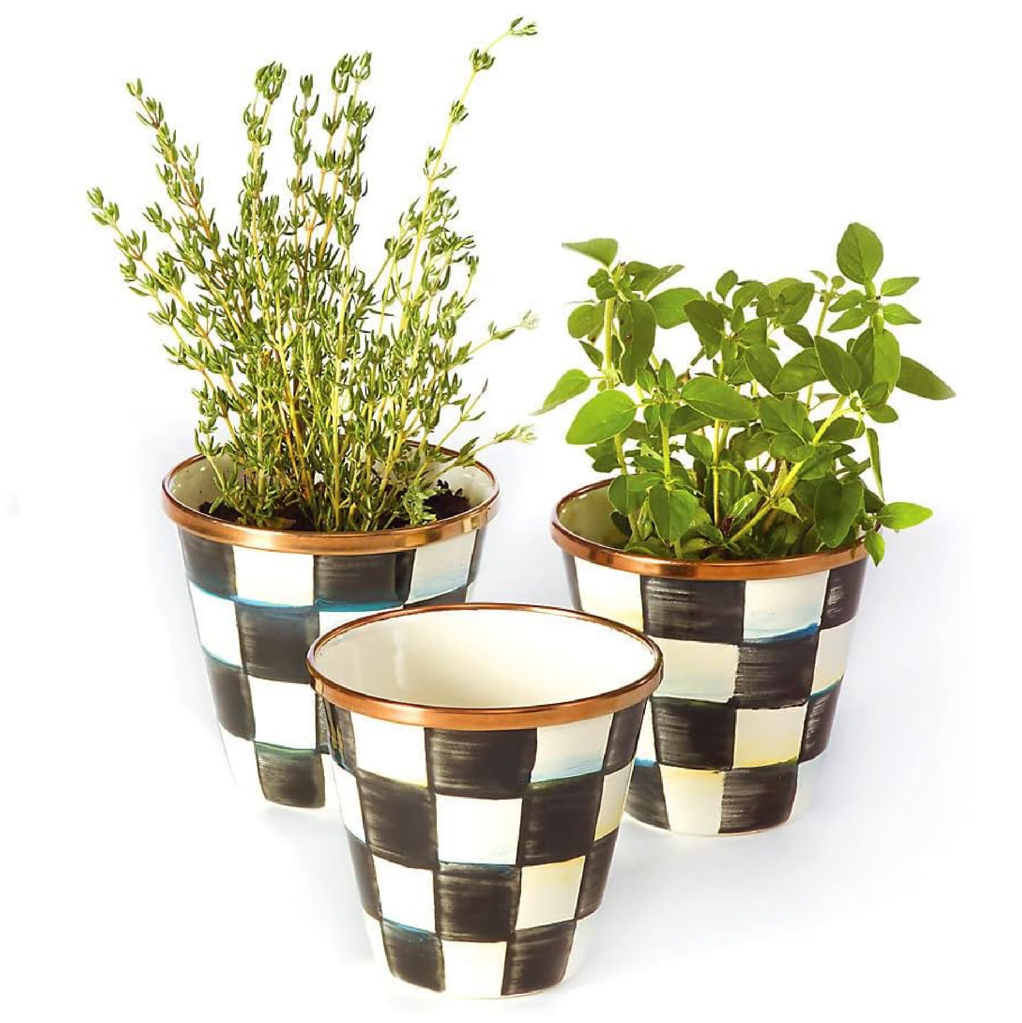 MacKenzie-Childs enamel herb pots set of 3 on a kitchen counter for fresh herbs