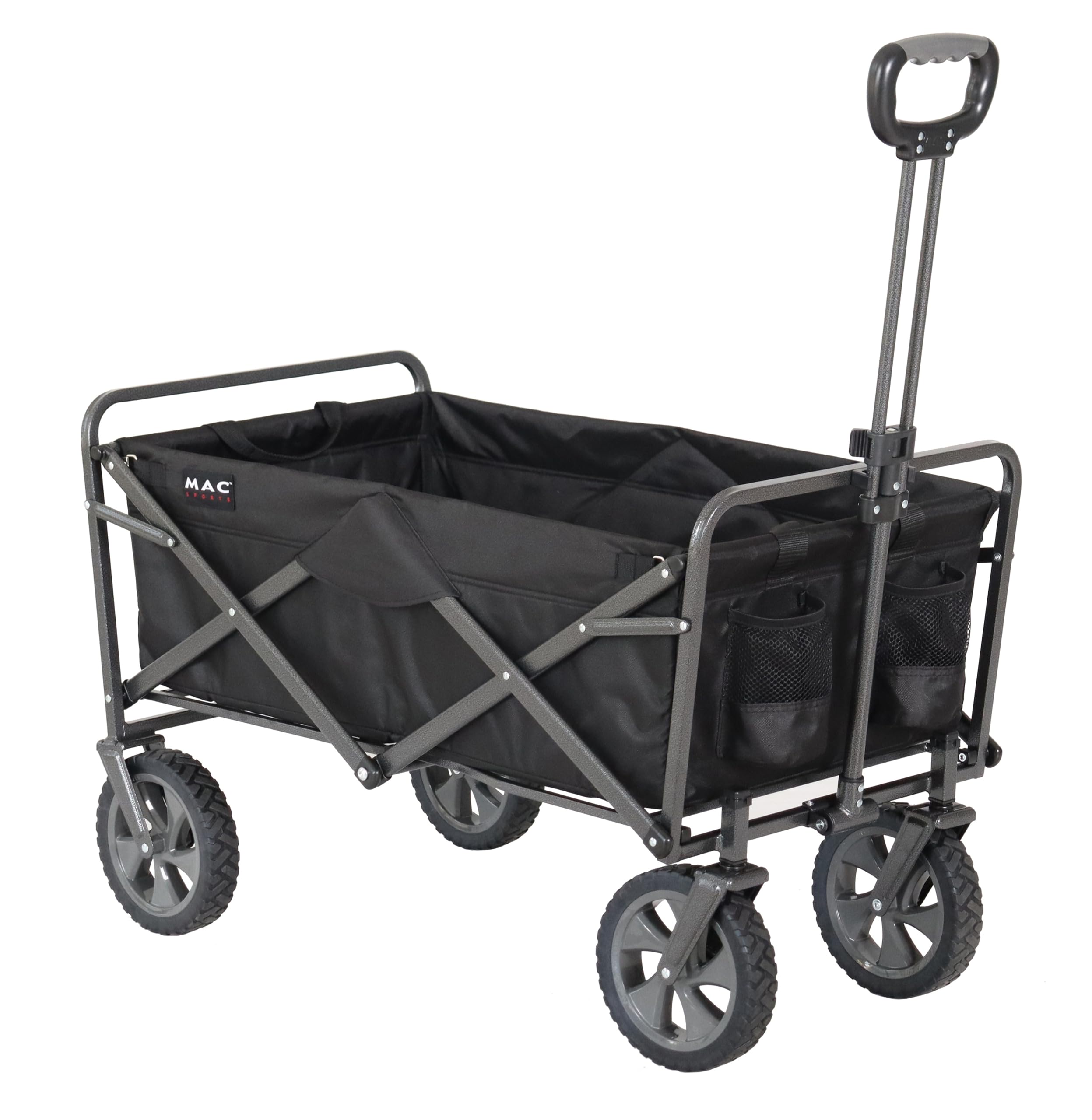 MacSports folding wagon open configuration shows full cargo space for gear.