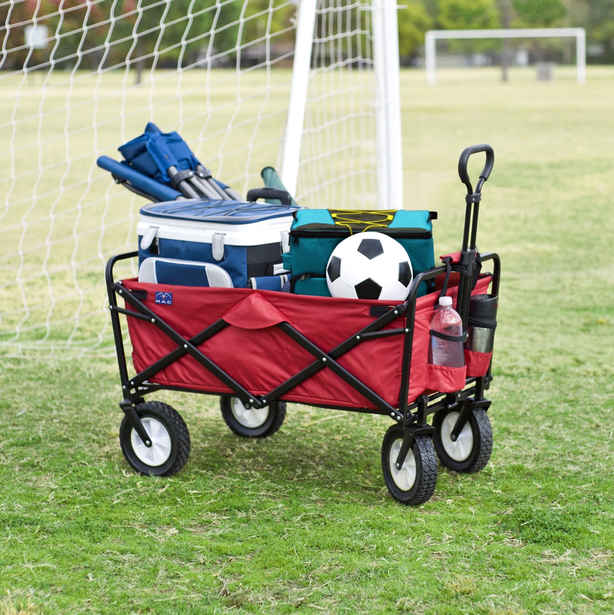 MacSports wagon handle adjustable for comfortable pulling on varied surfaces