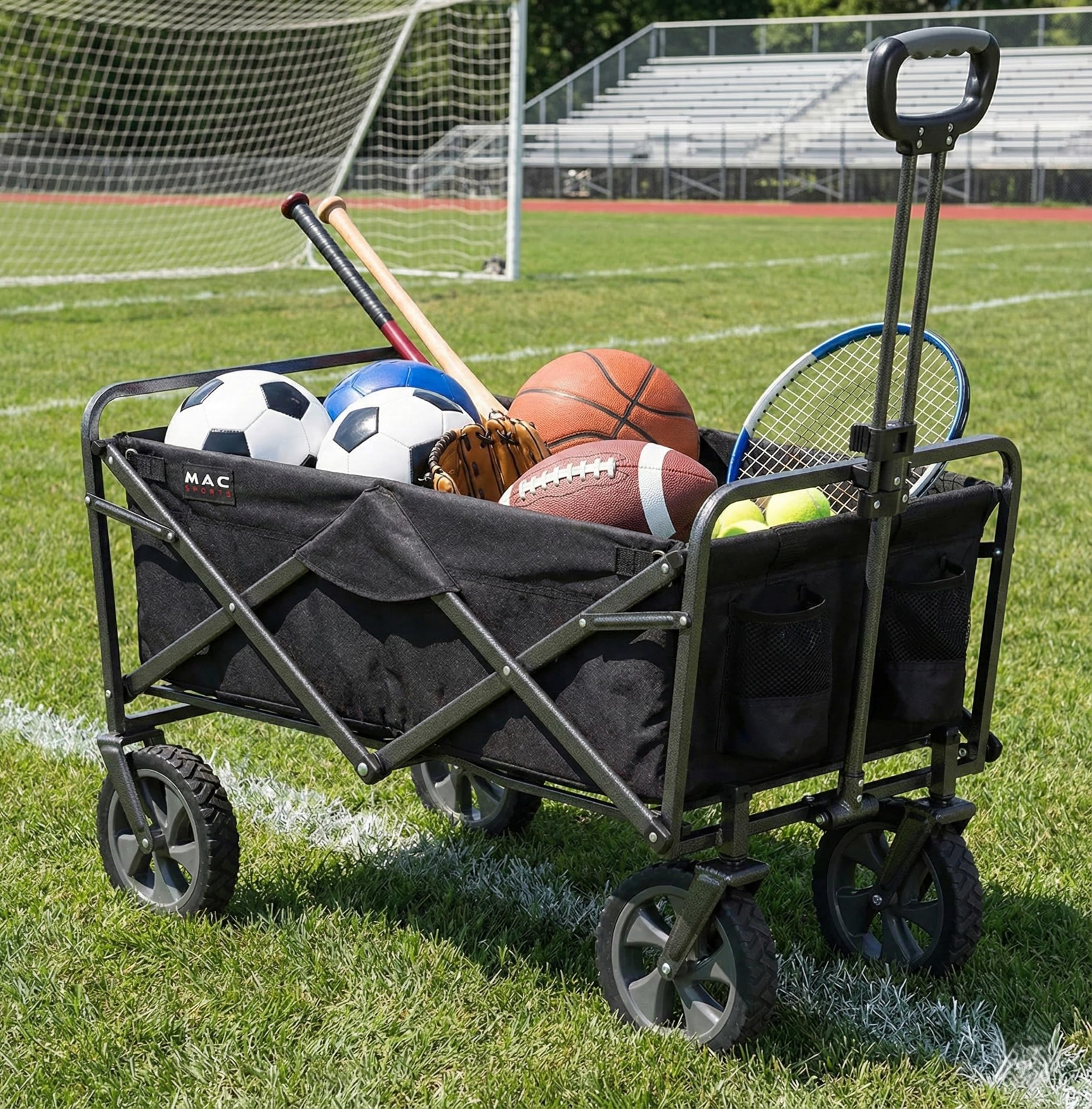 MacSports heavy-duty frame supports substantial loads during outdoor hauling.