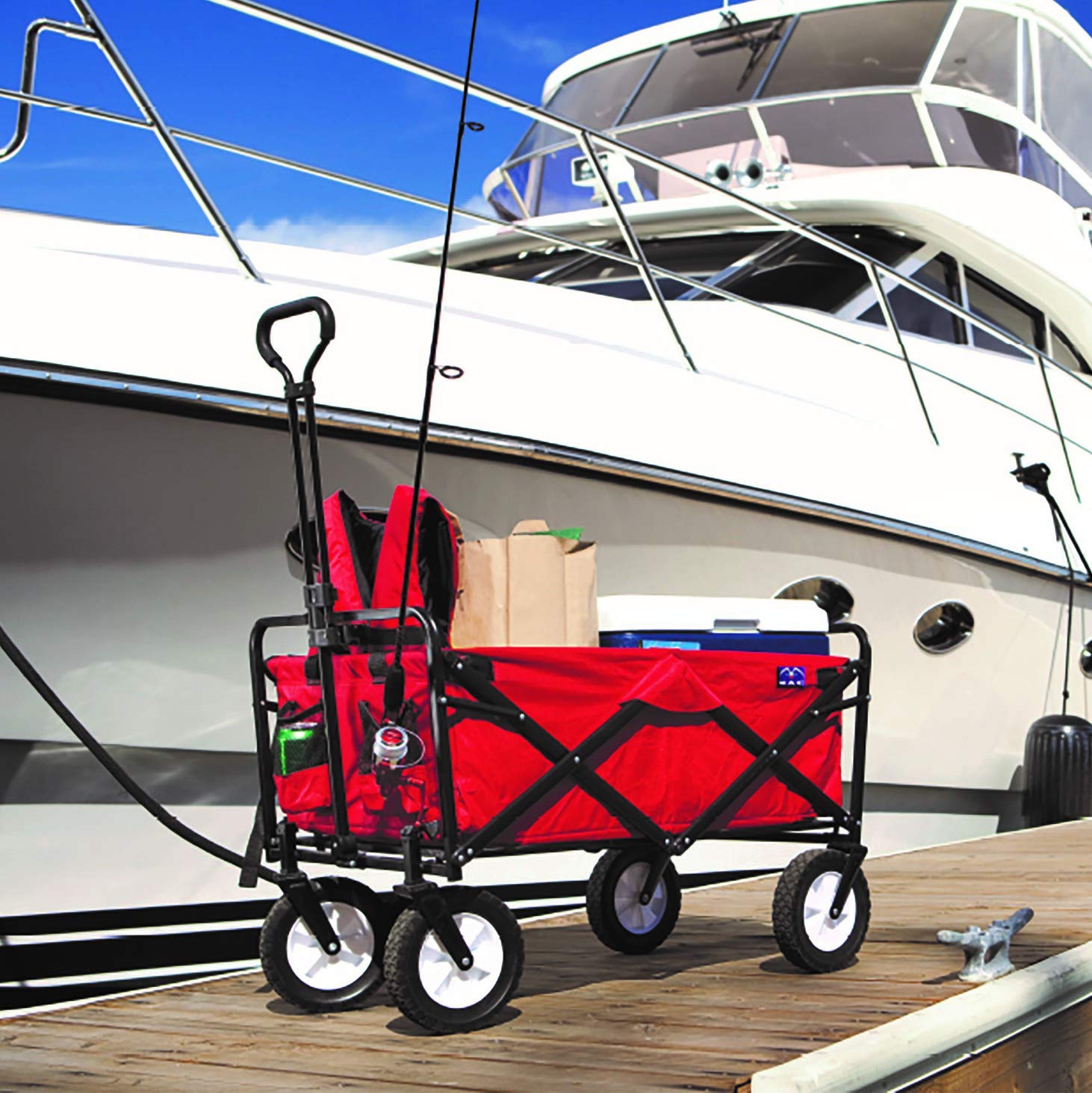 MacSports wagon with two mesh cup holders for secure beverages