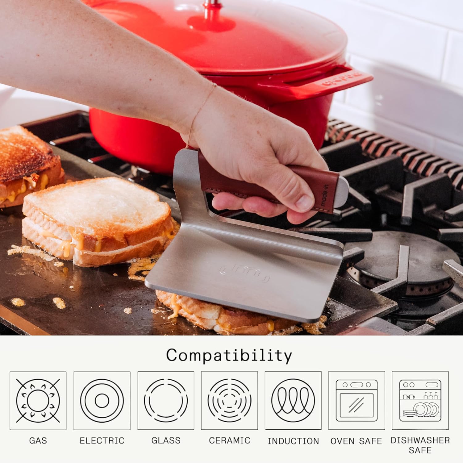 Made In grill press dimensions on a 5 inch wide surface for versatile use