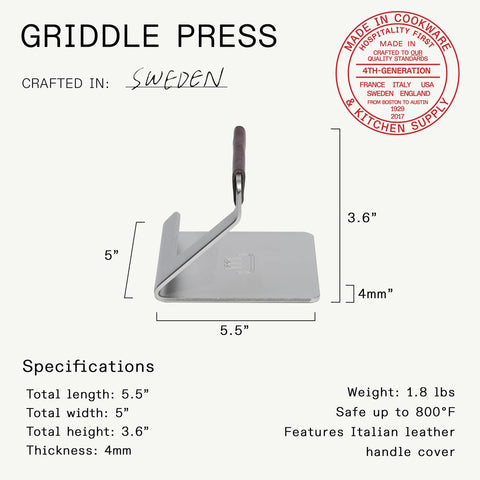 Raised handle design on Made In grill press for safer leverage