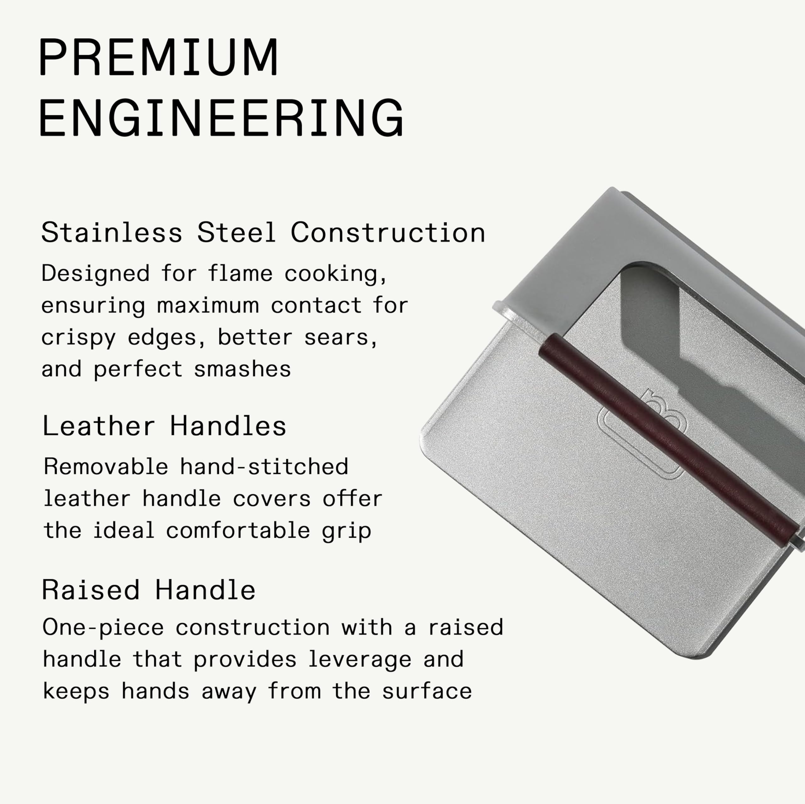 Removable leather cover on Made In grill press for comfortable handling