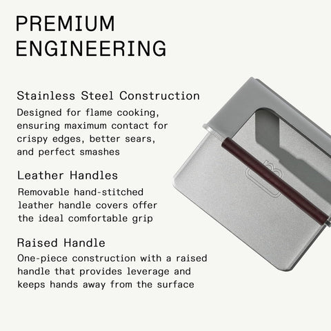 Removable leather cover on Made In grill press for comfortable handling