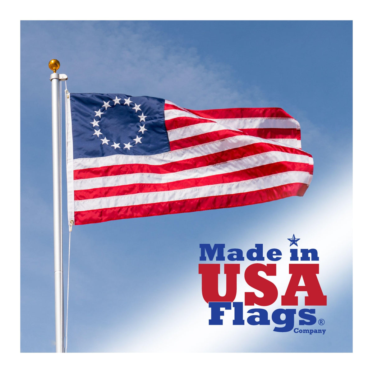 Made in USA Flags Betsy Ross 3x5 front view with vibrant colors for display