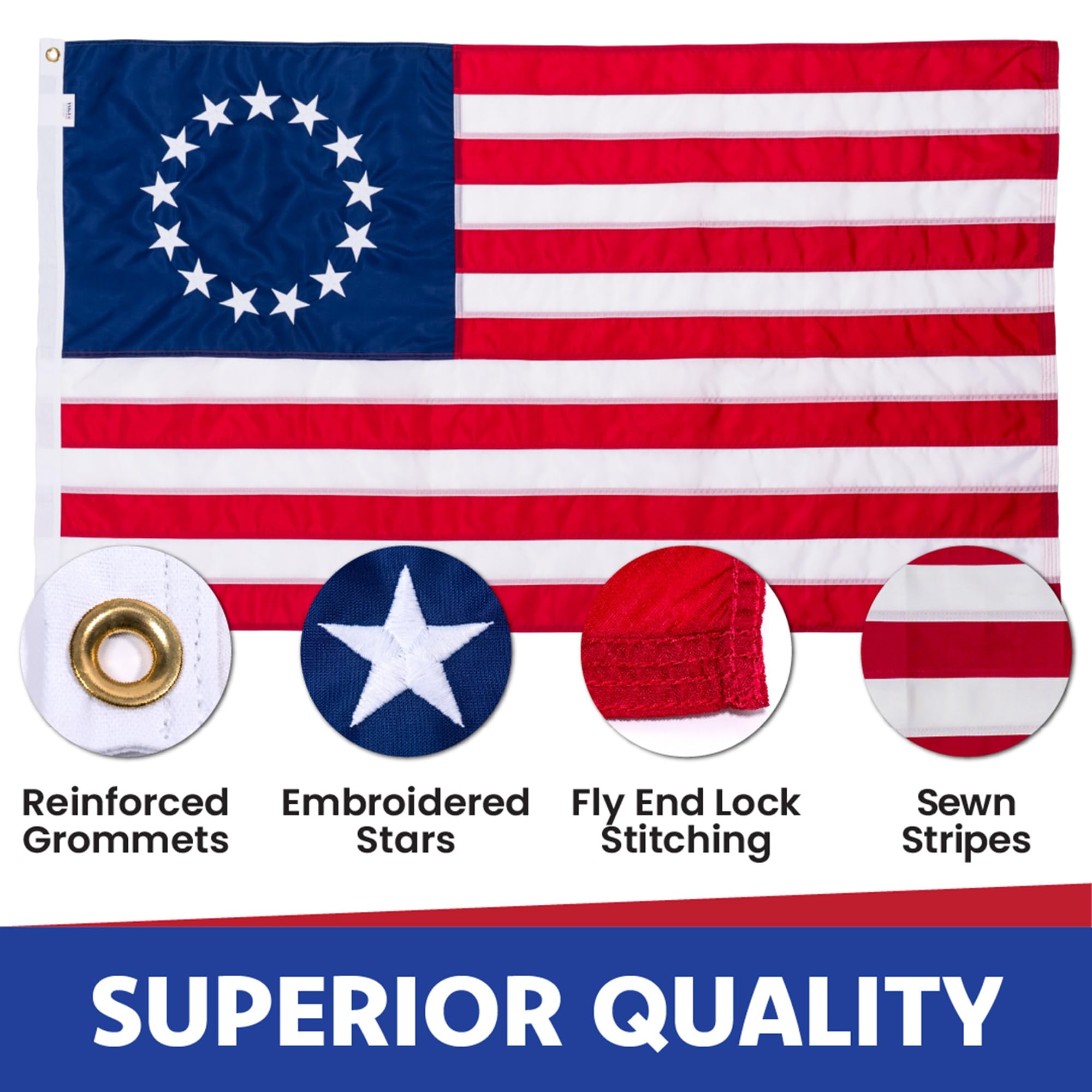Made in USA Flags Betsy Ross 3x5 side close-up showing stitching detail