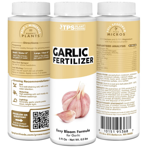 Made in USA label closeup on TPS NUTRIENTS garlic fertilizer.