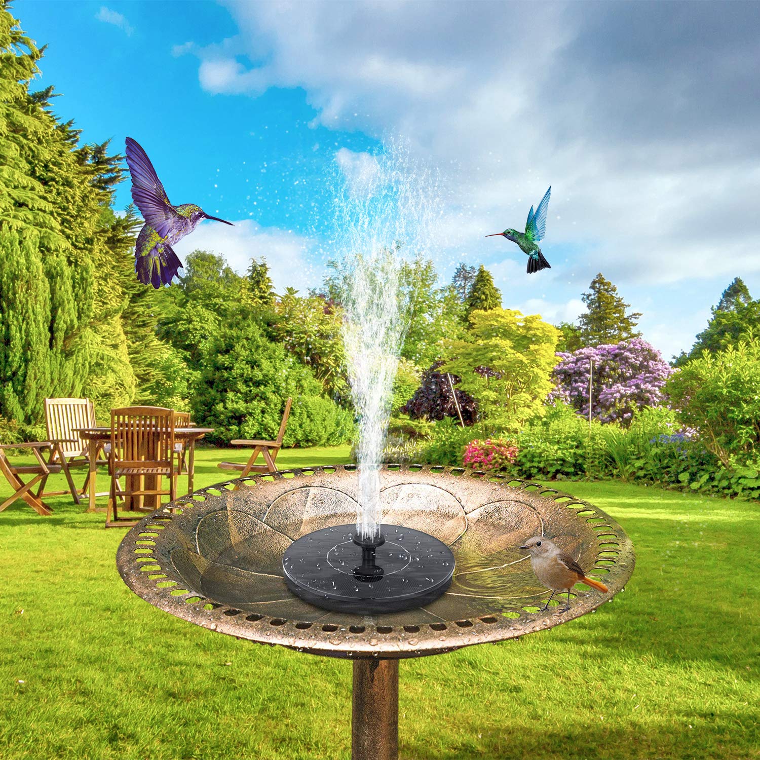 Mademax free-standing solar fountain in a bird bath demonstrates stable spray.