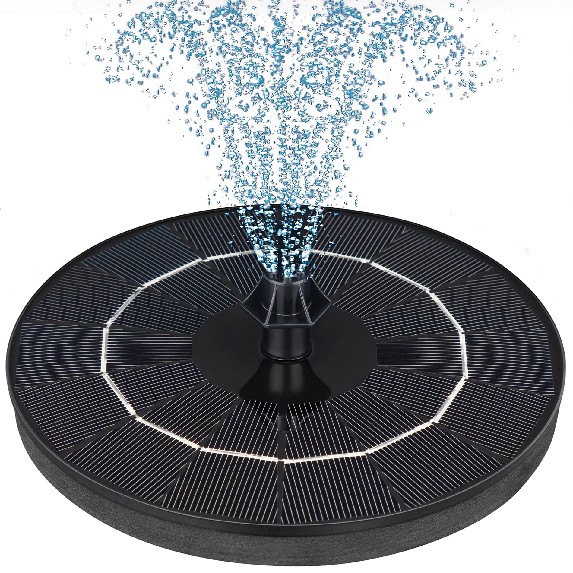Mademax solar fountain with four nozzles creates dynamic water patterns in a bird bath