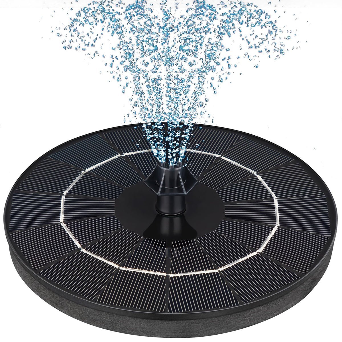 Mademax solar fountain with four nozzles creates dynamic water patterns in a bird bath