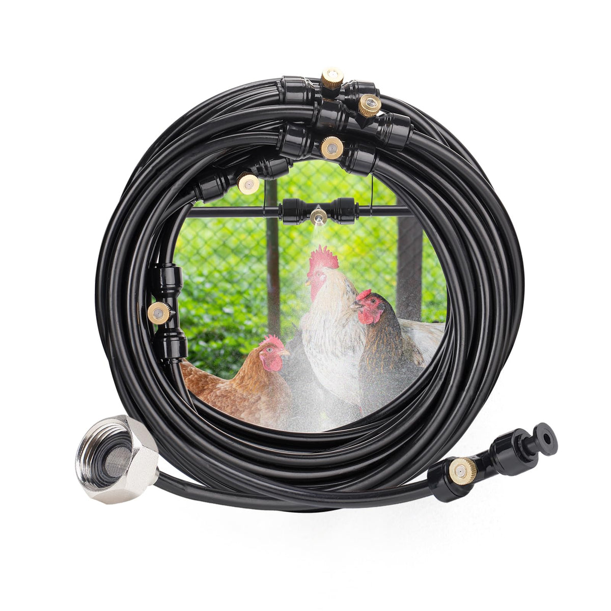 MADHOLLY chicken coop misting system with brass adapter for easy outdoor cooling.