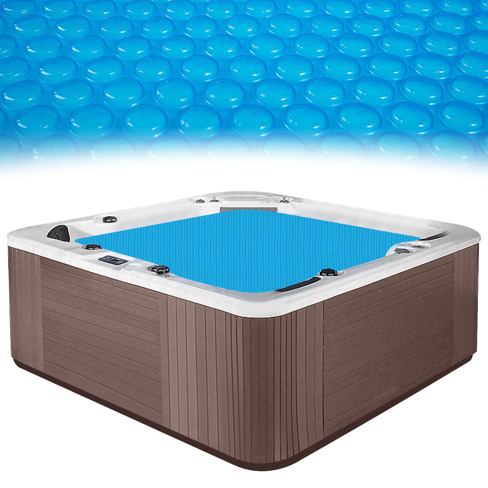 MADHOLLY spa cover demonstrating heat retention on a square hot tub.