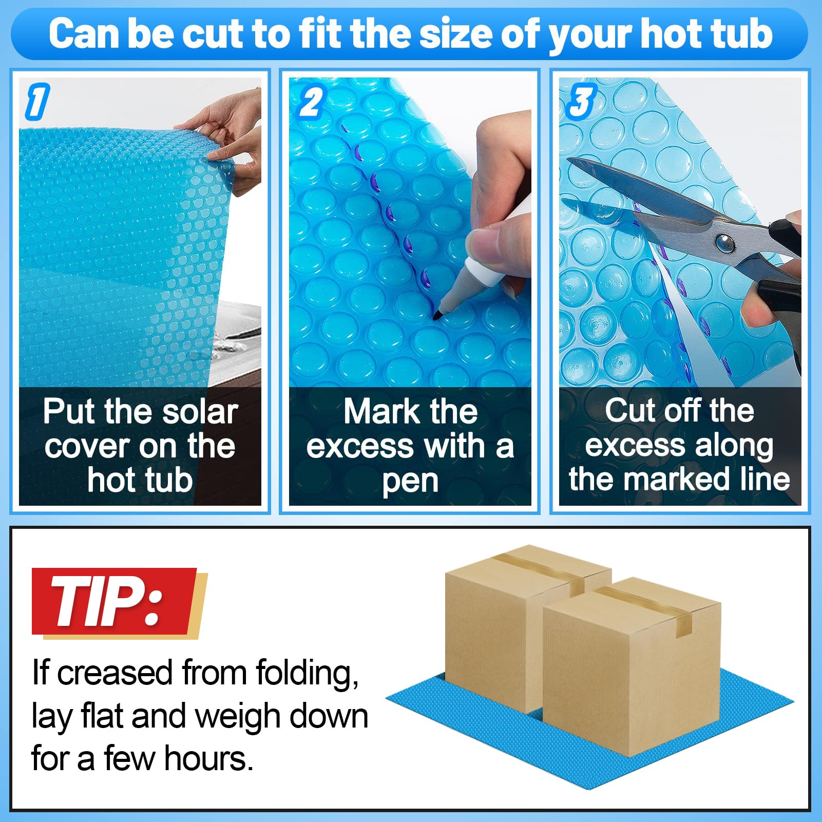MADHOLLY trim-to-fit method enables precise coverage for 7x7 foot tubs.