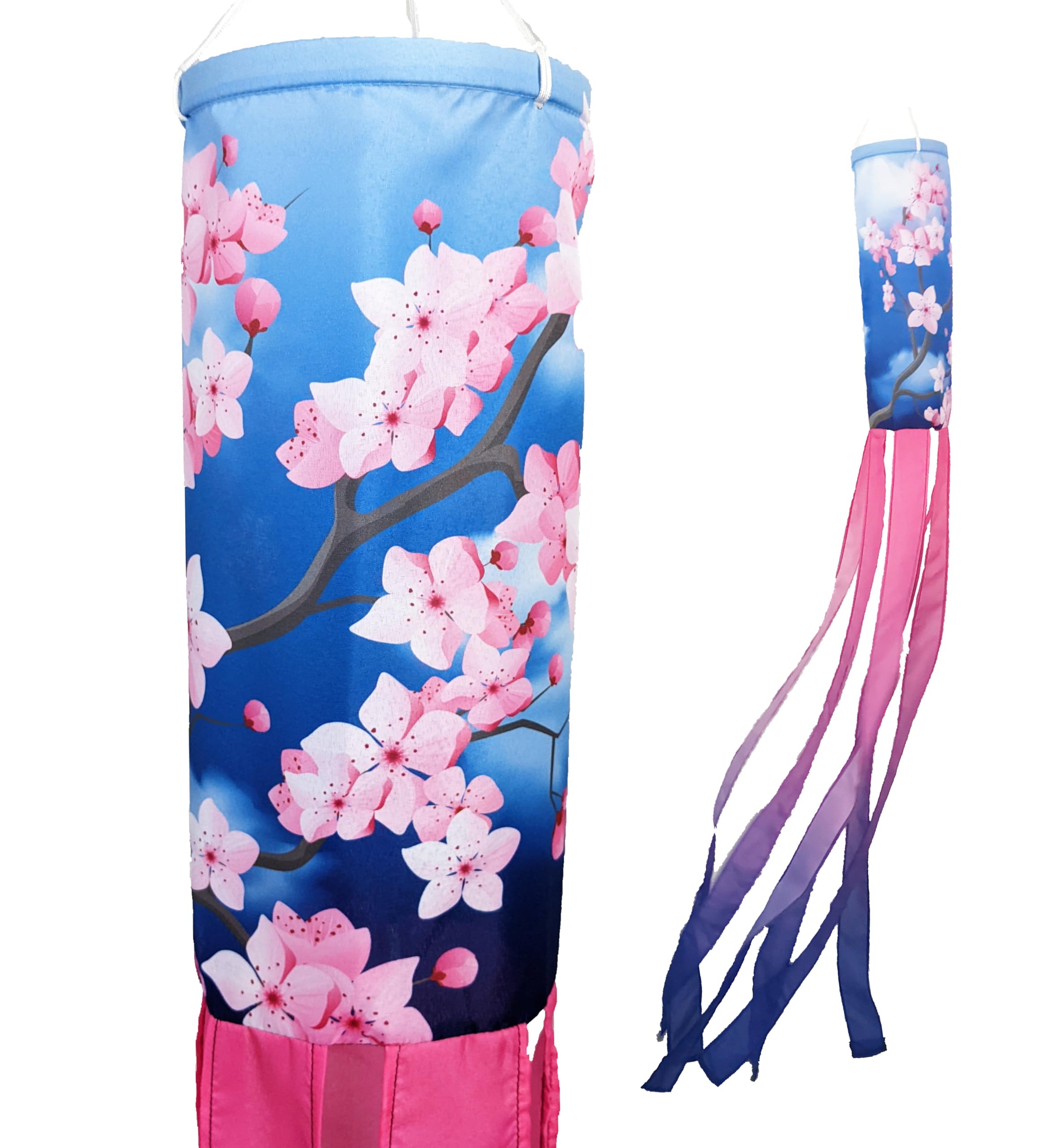 Madrona Brands Cherry Blossom Windsock on blue background enhances outdoor charm