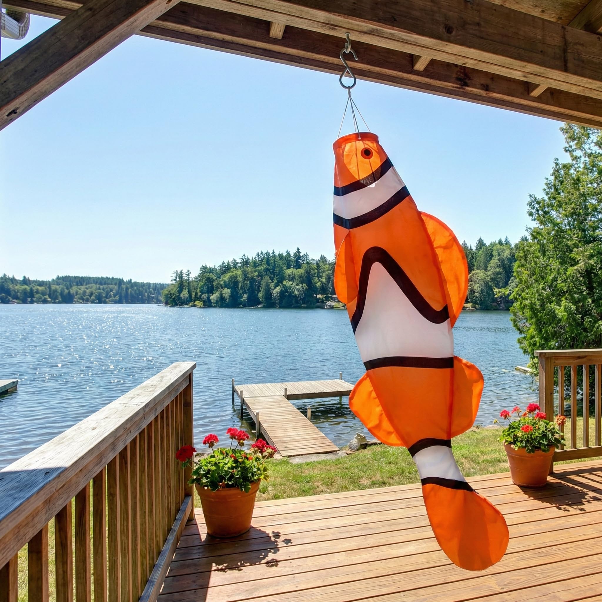 Madrona Brands clownfish windsock with metal swivel clasp for durable outdoor display