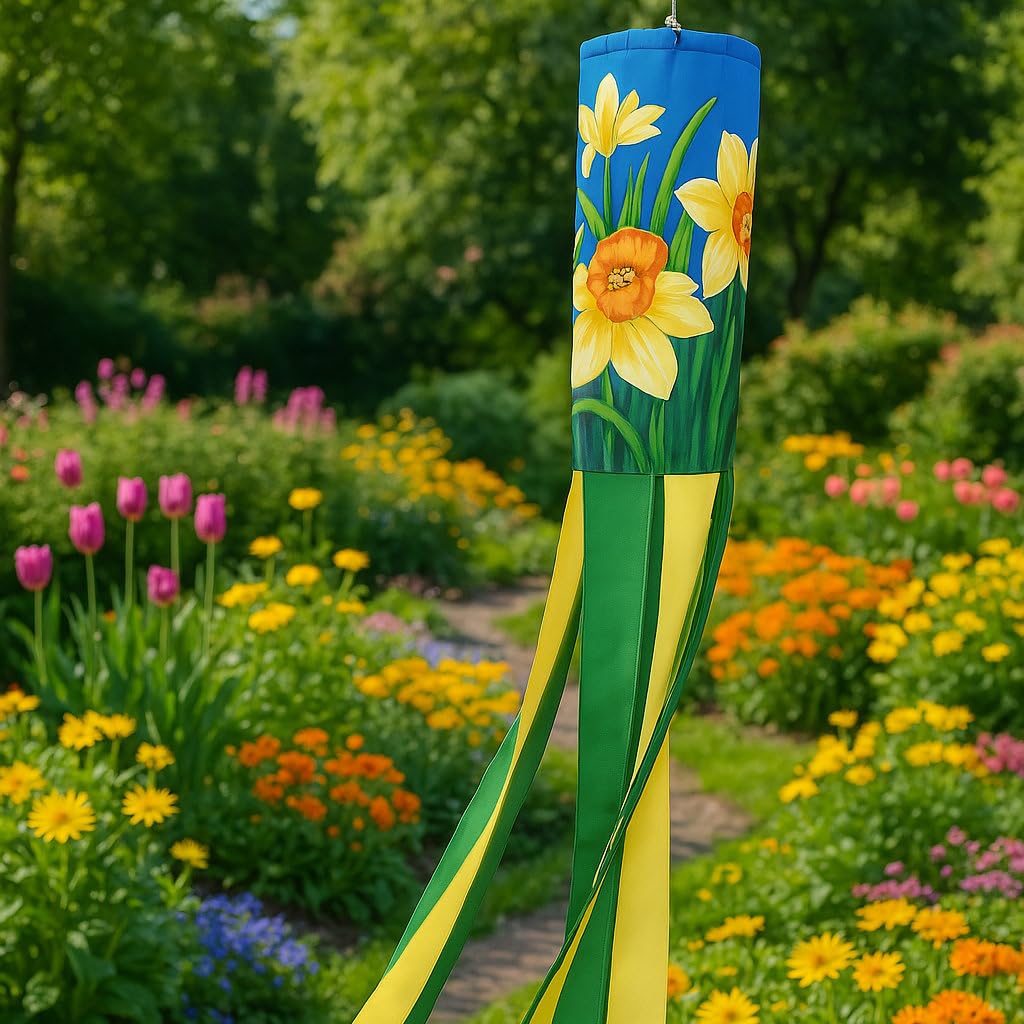 Madrona Brands outdoor windsock showcases bright yellow blooms for garden charm.