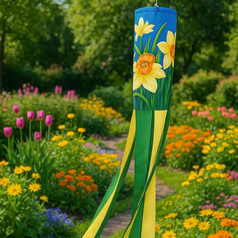 Madrona Brands outdoor windsock showcases bright yellow blooms for garden charm.