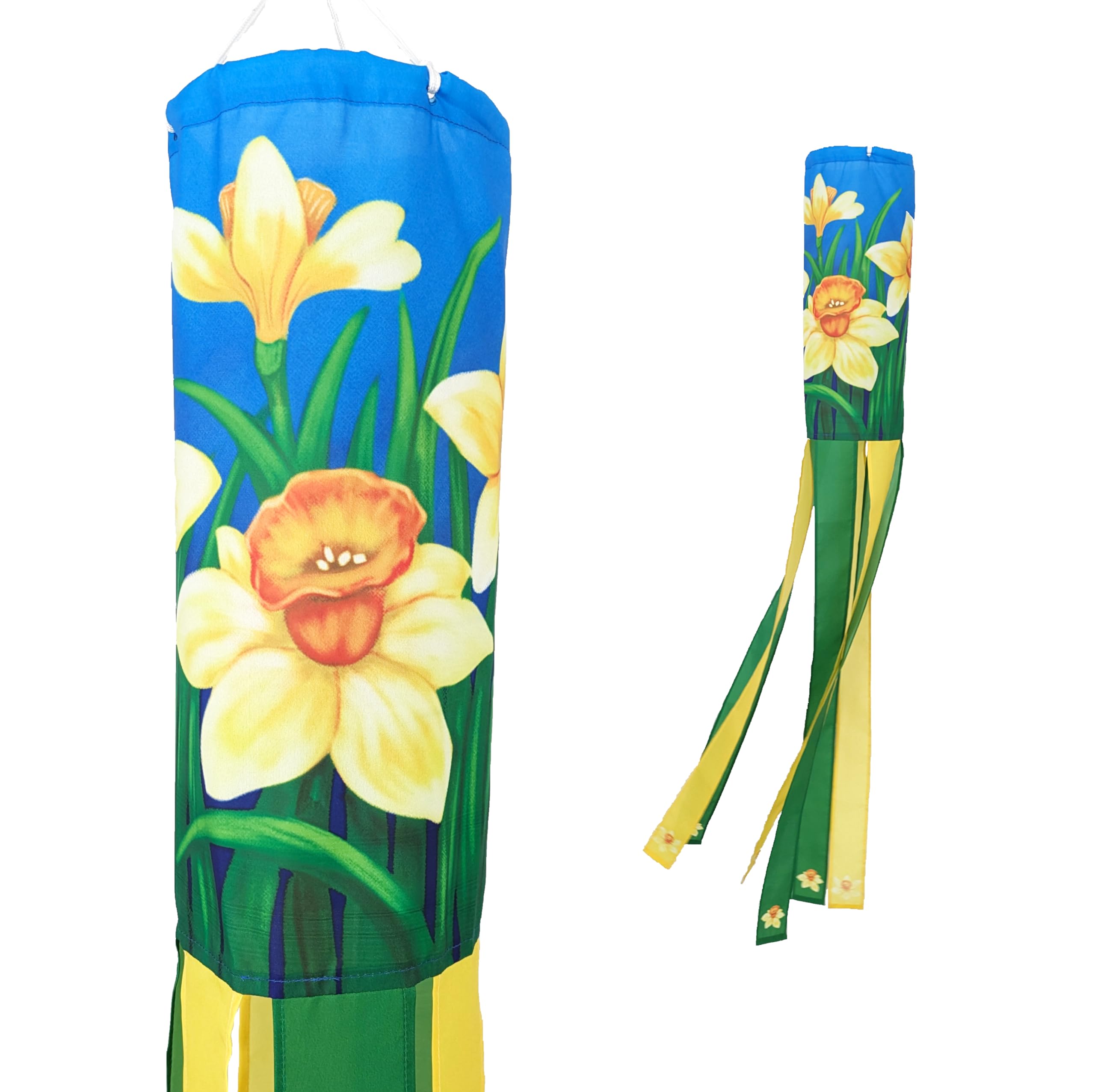 Madrona Brands daffodil windsock with six tails sways gracefully in a breezy yard.