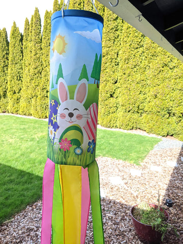 Madrona Brands windsock with pink, yellow, and green tails brightens outdoor spaces.