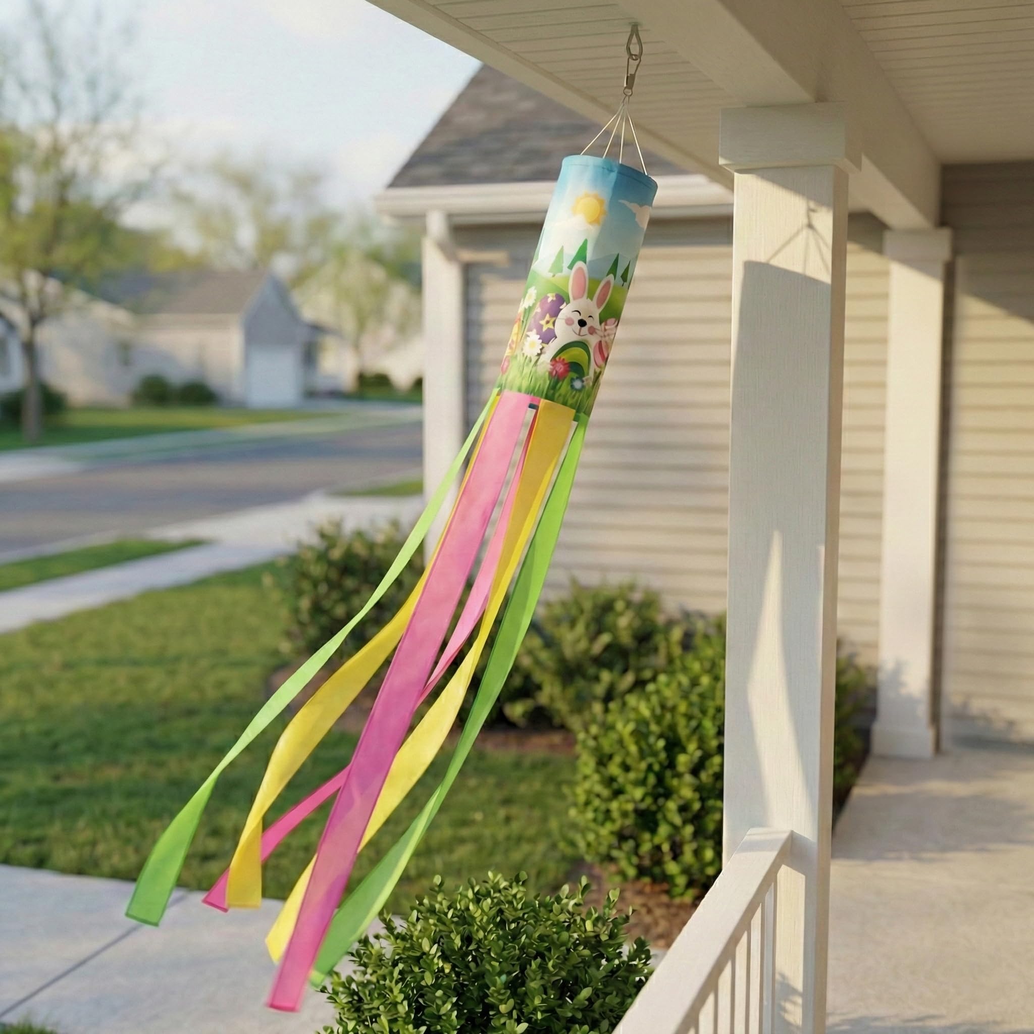 Madrona Brands Easter Bunny Windsock with flowers and eggs brightens gardens and patios.