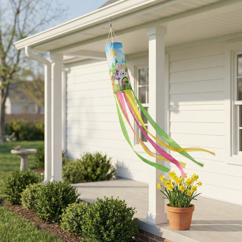 Madrona Brands windsock with durable metal swivel clasp for secure outdoor hanging.