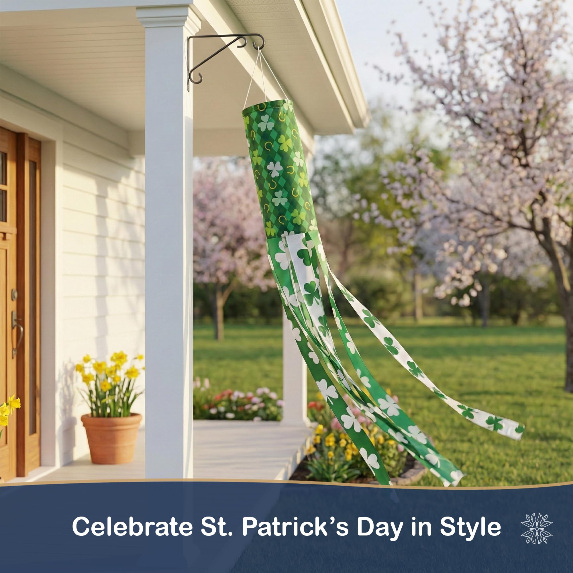 Madrona Brands four-leaf-clover windsock brightens any porch with playful luck.