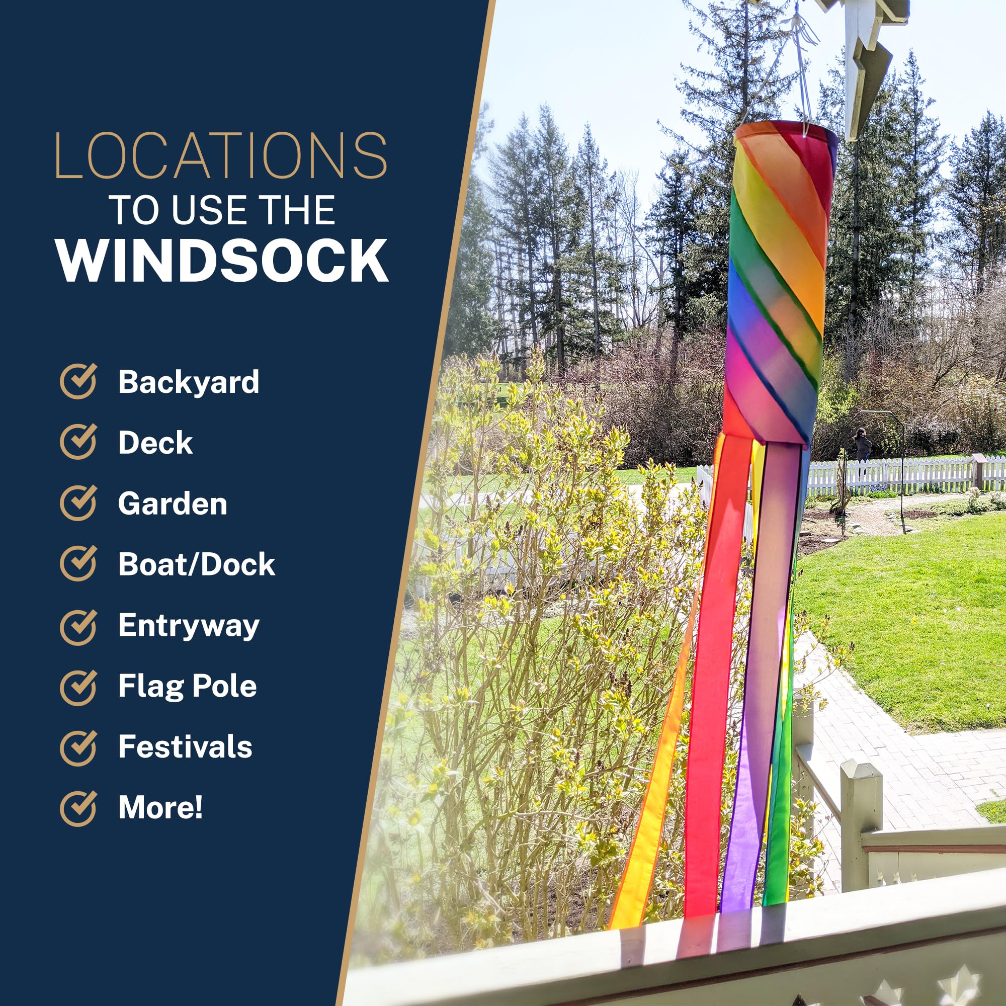 Vibrant rainbow spirals catch sunlight, producing lively color movement in breezes