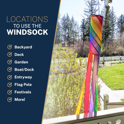 Vibrant rainbow spirals catch sunlight, producing lively color movement in breezes