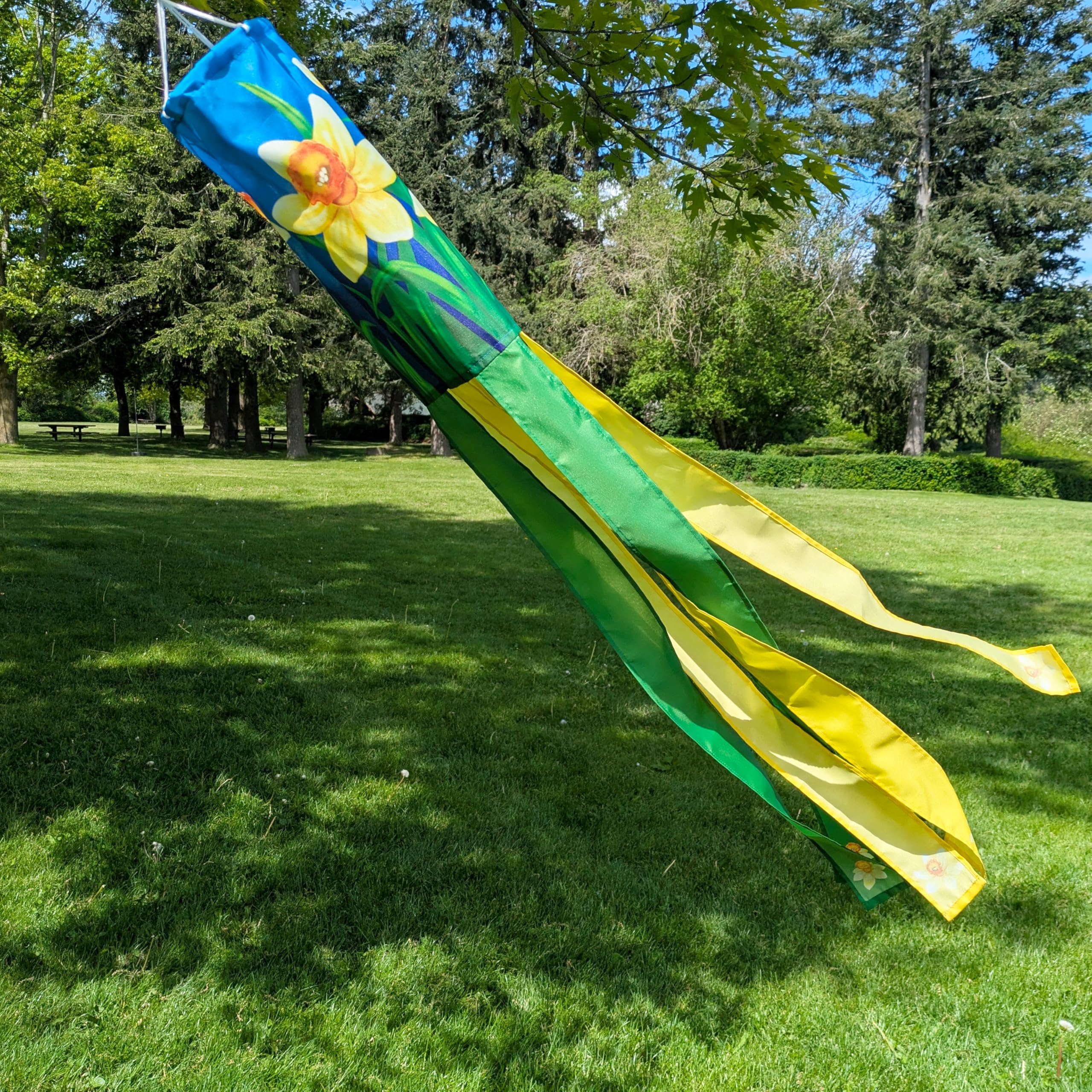 Madrona Brands daffodil windsock adds color to patios, decks, entryways.