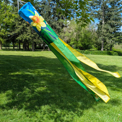 Madrona Brands daffodil windsock adds color to patios, decks, entryways.