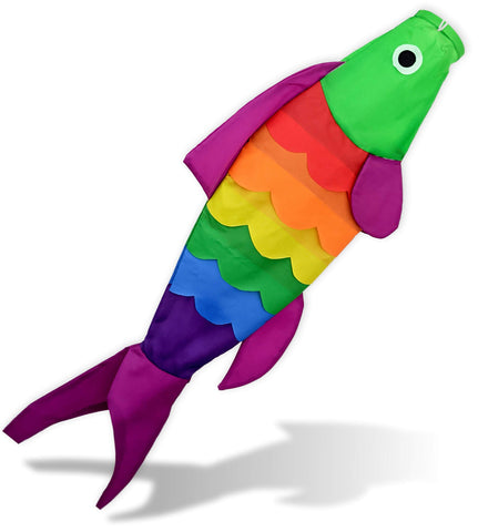Madrona Brands Rainbow Fish Windsock with 40-inch display sways in wind