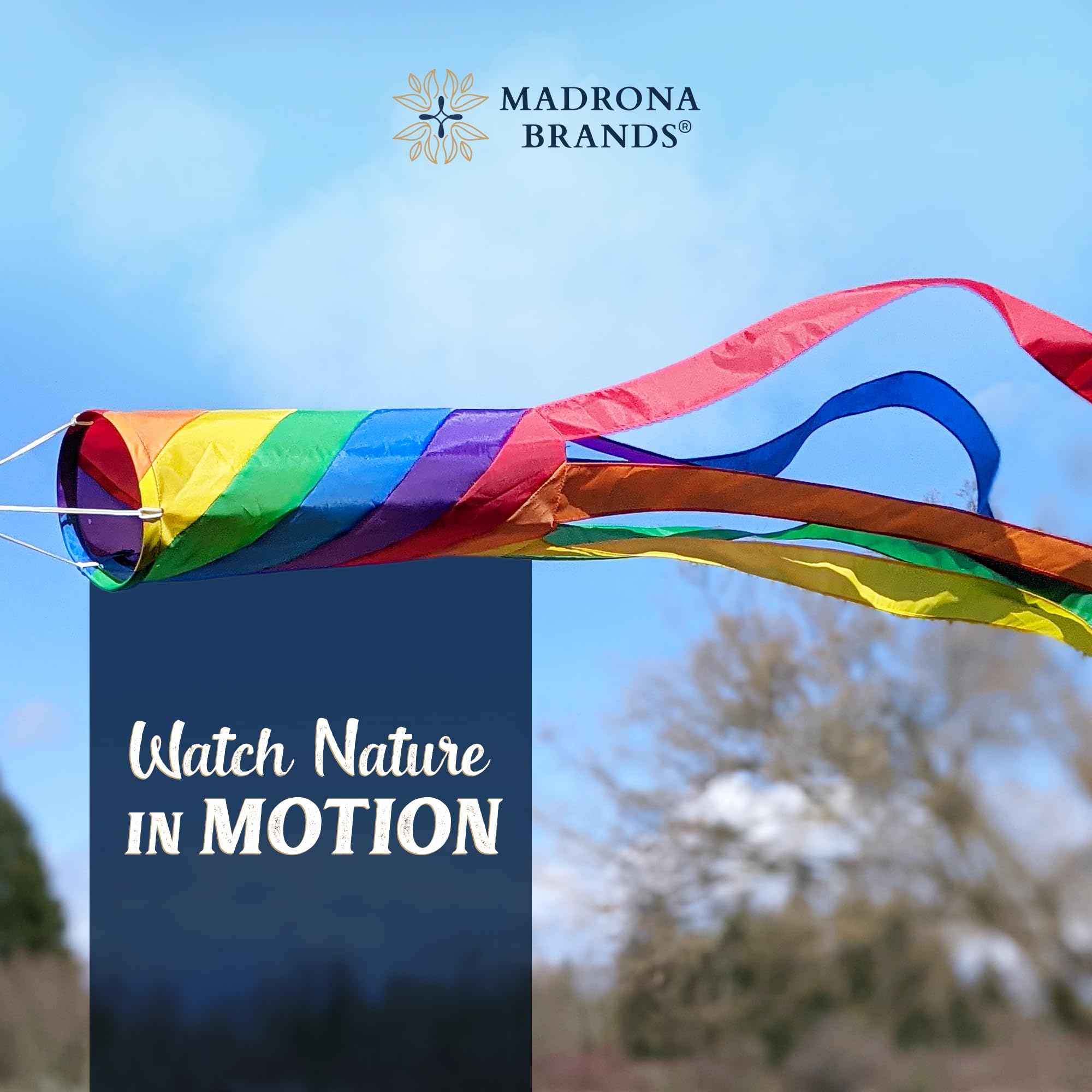 Madrona Brands Rainbow Stripe Windsock adds bold diagonal rainbow color to festive yard decor